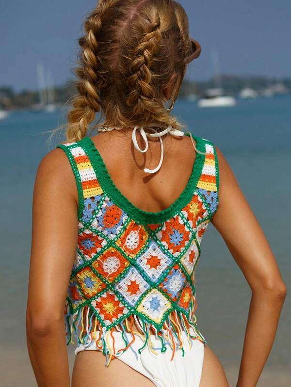 Women Fringed Hollow High Elastic Camisole Vest Crochet hook Bella Mia